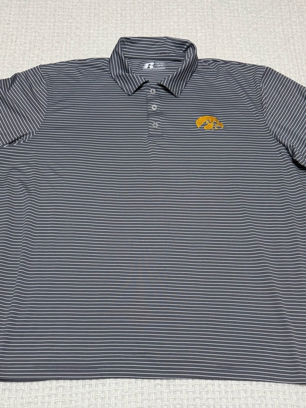 Iowa Hawkeyes gray and white striped polo shirt, men’s 2XL.